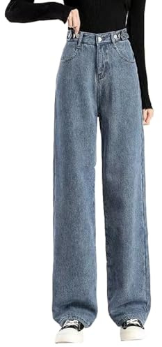 KIHFSODN Dam vinter fleecefodrade termojeans, varma termojeans med hög midja, tjocka baggyjeans, denimbyxor friluftsliv för kvinnor(Dark blue,S)