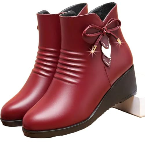 WEHAM Bottines Courtes à Talons compensés en Cuir pour Femmes, doublées de Fourrure Douce, Bottes de Neige à Plateforme antidérapante avec Fermeture éclair latérale,Rouge,36