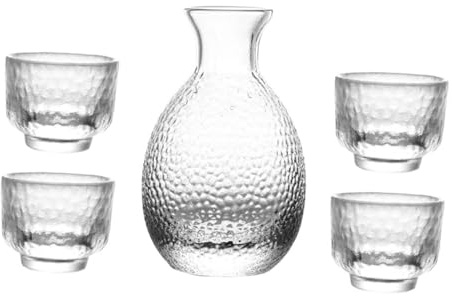 HOMSFOU Set da Sakè Giapponese Trasparente in Vetro con Bricco e 4 Tazze, Kit Distributore di Liquori per Casa, Ristorante e Sala da Tè, Design a Superficie Liscia e Bordo Confortevole
