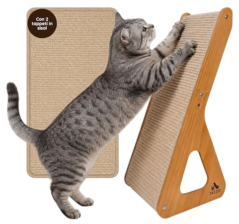 TATZIO Tiragraffi per gatti in legno, 62 cm, 2 tappetini in sisal, utilizzabile verticalmente e orizzontalmente, colonna tiragraffi in sisal, per gatti da appartamento