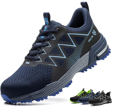 Zapatos de Seguridad para Hombre Mujer Antideslizante Zapatillas de Trabajo Ligero Comodo Transpirable Calzado de Seguridad con Punta de Acero, Azul,43EU