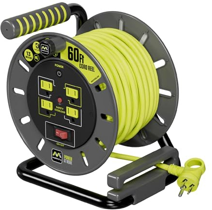Masterplug 60ft Cord Reel, Retractable Extension Lead with Winding Handle, Safety Overload Circuit Breaker and Power Switch, 4X Grounded Outlets, 13amps, 14AWG Cable