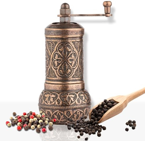 Salt and Black Pepper Grinder, Refillable Spice Grinder, Vintage Turkish Pepper Mill, Authentic Salt Grinder with Adjustable Coarseness, 4.2 in (Antique Copper)