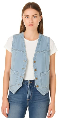 Lazutom Chaleco de mezclilla sin mangas con cuello en V y botones para mujer, azul claro, 44