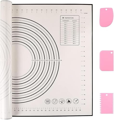 Miorkly Backmatte Groß Teigmatte 70x50cm, Silikonmatte Baking Mat Rutschfeste, Antihaftbeschichtete Backunterlage mit Messung,für Fondant Gebäck Pizza, BPA Frei(Schwarz+3Pcs Schaber)