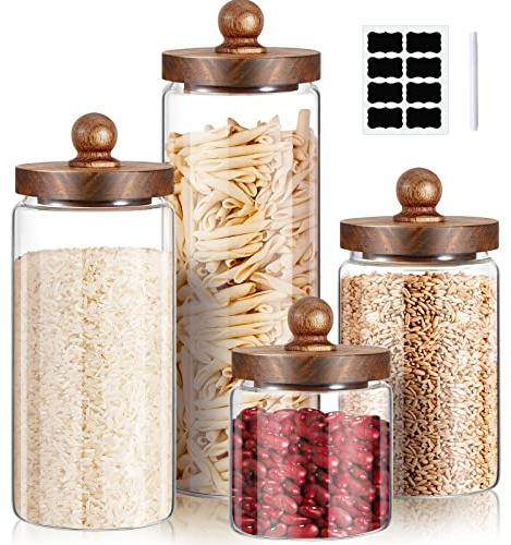 Gerrii Glass Storage Jars Set of 4, Clear Food Storage Containers with Wooden Lids Airtight Kitchen Canisters with Sticker and Chalk for Candy Cookie Rice Sugar Flour Pasta Nuts Beans Spice, 4 Sizes