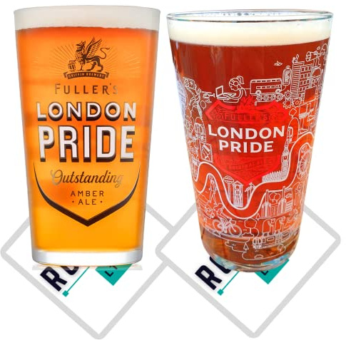 Roxley Fullers London Pride X2 - Juego de 2 vasos de cerveza Lager con 2 alfombrillas de cerveza
