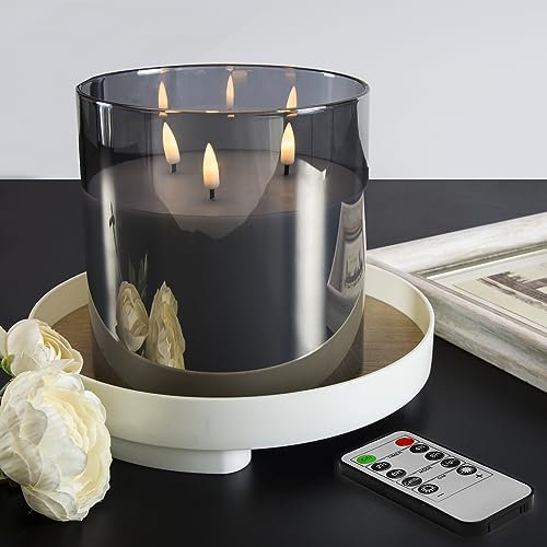 Eywamage Giant 3 Wick Grey Glass Flameless Candle with Remote, Flickering Real Wax Battery LED Pillar Candle Φ 6 H 6