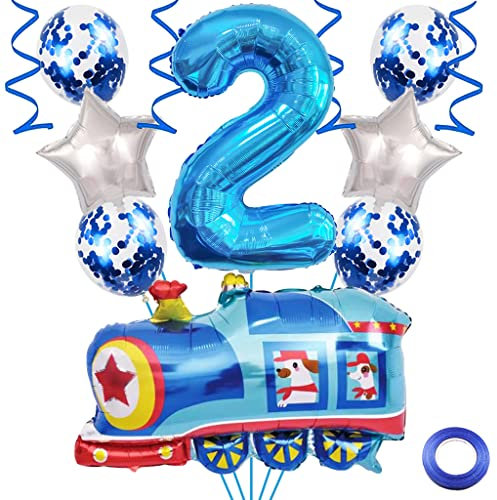 Weenkeey 2. Zug Geburtstag Dekoration - Luftballons, Folienballons, Blau Zahl 2 Helium Ballon für Eisenbahn Motto Party Junge Supplies