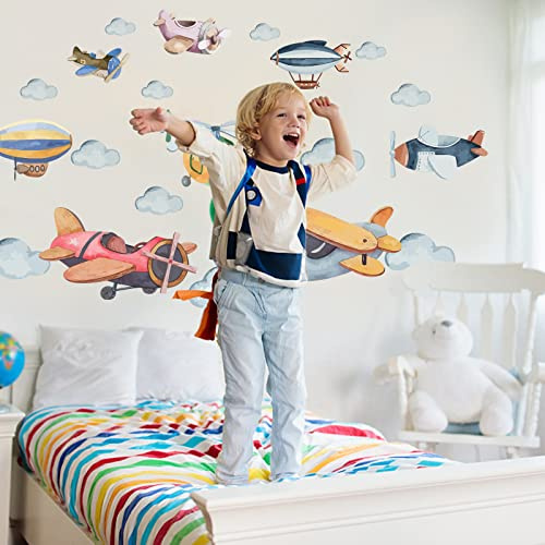 SUPERDANT Vattenfärg flygplan väggdekaler flygplan väggklistermärken färgglada moln söt helikopter vinyl konst dekor för barnrum barnkammare klassrum lekrum babyrum dekor