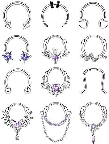 Morfetto 16G Septum Piercing Jewellery Nose Ring Stainless Steel | 12 Pcs Clicker Hinged Septum Ring Set Daith Tragus Helix Hoop Earrings Horseshoe Nose Ring Lip Nose Piercing Jewellery 10 mm