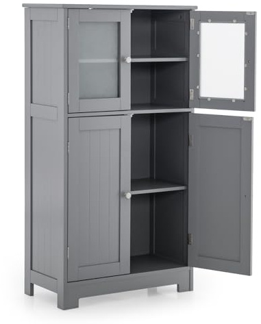 LIFEZEAL Mobiletto Bagno Salvaspazio in Legno, Armadio a 2 Ante in Vetro, Arredo Grande 30x60x109 Cm, Mobile Dispensa Cucina, Armadietto per Vetrinetta Soggiorno, Credenza Cucina Alta, Grigio