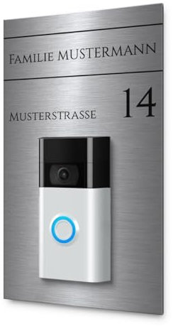 Modernes Klingelschild für Funkklingel Ring Doorbell 2, 3 und 4 - personalisiertes Türschild aus Edelstahl mit Gravur | kompatibel mit Ring Klingel - hochwertiges Funkklingel Zubehör