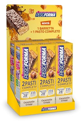 PESOFORMA - BARRETTE - Pasto sostitutivo controllo del peso - Golose barrette proteiche Caramello Crispy - Con vitamina B12, vitamina C, vitamina D, vitamina E, magnesio - Pack da 6 (12 barrette)