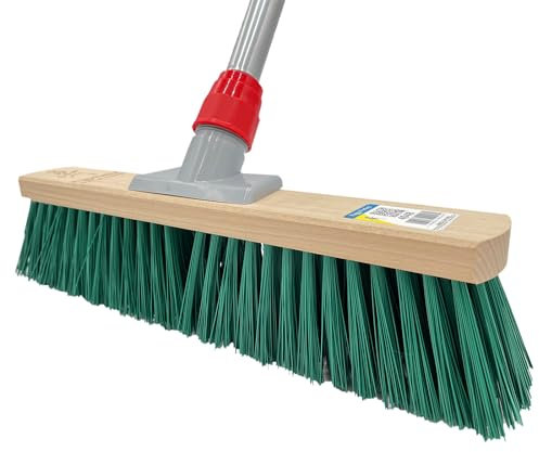 Peggy Perfect Straßenbesen, Gartenbesen, Kehrbesen, Industriebesen 38cm Buchenholz mit verstärktem 142cm Teleskopstiel und grünen Premium Elastonborsten. Besenkopf mit Connection Halter.