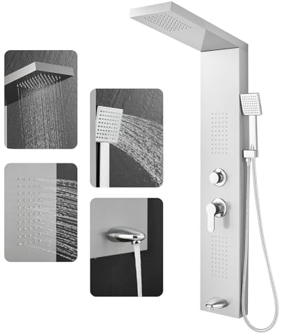ROVOGO Shower Panel Tower System cUPC Certified, High Pressure Rainfall Shower, Body Jets, Handheld and Tub Spout, 46.5 in. Shower Column Stainless Steel, Brushed