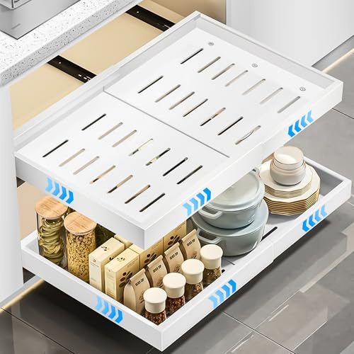 WELLTE Teleskopschublade zum Kleben, 2 Stück Ausziehbare Schublade Küche, (43 CM Tiefe) Küchenschubladen Organizer mit 3-Schienen-System, Slide out Drawer Kein Bohren und Nageln Erforderlich, Weiß