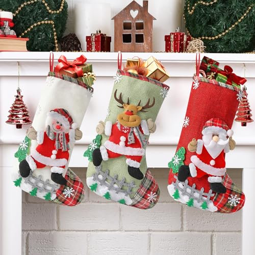 FainFun Calze di Natale Piccole da Appendere, 3 Pezzi 32 * 19CM Calza di Natale da Riempire Regali, Calze Natalizie per Camino Albero di Natale, Calza Natalizia Decorazione per Caramelle Cioccolato
