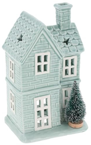 Shudehill Giftware Festive Sage Blue Green Tealight Holder House With Star Roof and Christmas Tree Decoration - Medium or Large Sizes (Star Large)