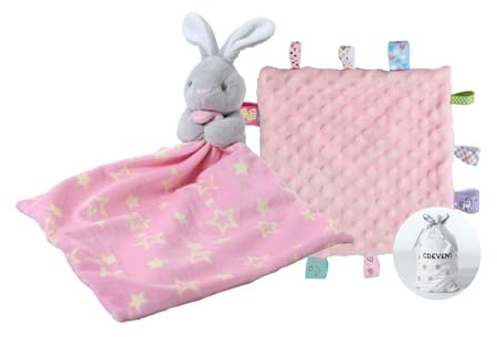 CREVENT Mjuk plysch djur ansikte säkerhetsfiltar för pojkar och flickor, bra gåvor för födelsedag baby shower (kramande kanin + etikett)