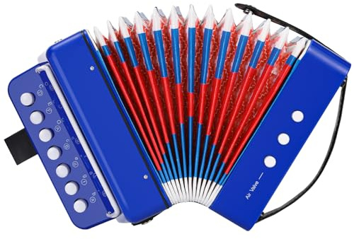 Akkordeon Kinder Ziehharmonika, Knopf Akkordeon 10 Tasten mit Riemen, Ziehamonikar Musikinstrument Geschenk für Anfänger, Akkordeon Erwachsene und Kinder ab 3 Jahre, Blau