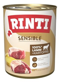 RINTI – Sensible | Våtfoder för känsliga och vuxna hundar med naturliga köttbitar. Spannmålsfri helfoder i burk utan konstgjorda tillsatser | 6 x 800 g lamm potatis