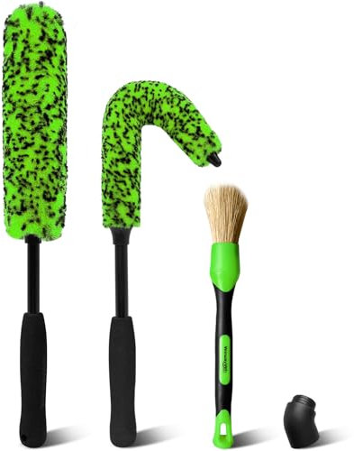 YeewayVeh Car Wheel Brush Kit, 3 Pack Long Handle Wheel Cleaning Brush and Detailing Brush, Scratch-Free Wheel Cleaner Brushes for Vehicle Motorcycle Rim Fenders Engine Exhaust Tips, Green