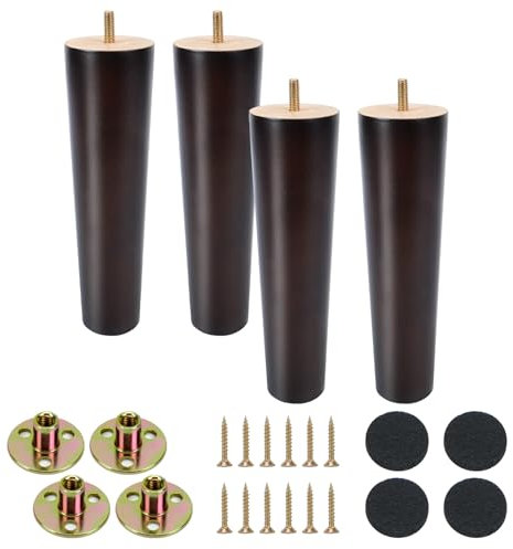 KINDPMA 4 Pezzi 20cm Piedini per Mobili in Legno Gambe per Mobili Massello Rovere Coniche Piedi per Mobili con Piastra di Montaggio e Viti per Divano, Tavolo, Letto, Armadio, Mobile TV, colore noce