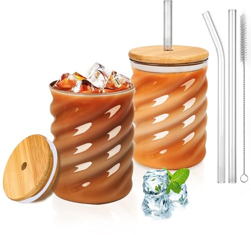 SILRIVES Macchiato Juego de 4 vasos de café helado, aptos para lavavajillas, vasos de burbujas de 350 ml, vasos largos (2, transparentes con tapa de 350 ml)