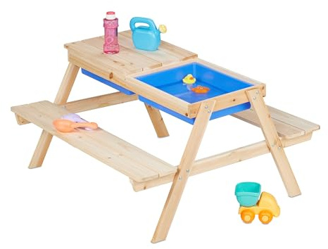 Relaxdays Tavolino da Bambini in Set con Panche da Esterno, Tavolo Picnic da Giardino, HLP: 50x89x86 cm, Legno, Naturale
