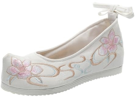 Hemobllo Scarpe Ricamate Stile Antico da Donna in Cotone e Tela Morbida, Scarpe da Ballo Tradizionali Cinesi Suola Spessa per Performance e Spettacoli, Colore Bianco Taglia 38