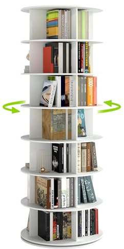 Amveya - Libreria Girevole 360 gradi con 7 Ripiani, Scaffale Angolare Rotante per Scarpe e Oggetti, Colonna Porta tutto dalla Terra, Design Moderno in Bianco, Risparmio di Spazio