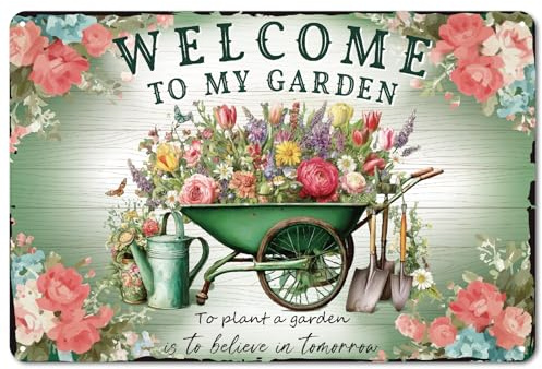 PRESSINART Cartelli in Latta Floreali Benvenuti nel Mio Giardino Segno Fiori Vintage e Attrezzi da Giardinaggio Metallo Rettangolare Arte da Parete in Latta per Casa Patio Serra Giardino d'inverno
