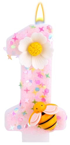 Rosa 1-Årsdagsljus, Vit Blomma Bi Sifferljus Söt 1-Årstårtdekoration för Kvinnor Flickor Födelsedag Årsdagsfirande