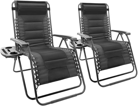 Harbour Housewares Padded Zero Gravity Chair Set with Cup and Phone Holder - 110KG Load Capacity - Black - 2 Piece Heavy-Duty Reclining Folding Outdoor Garden Camping Patio Beach Loungers Set