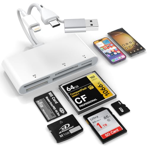 Lector de Tarjetas de Memoria USB OTG 5 en 3, Adaptador USB OTG con Tres Conectores (Lightning, Tipo C y USB A) para SD/TF/CF/Micro SD/XD/MS, Lector de Tarjetas Multi para iPhone/iPad/Android