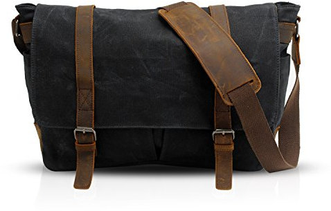 FANDARE Retro Umhängetasche Messenger Bag Canvas Schultertasche für 14 Zoll Laptop Briefcase Schultertaschen Herren Damen Sporttasche Arbeit Schule Schulranzen Schwarz