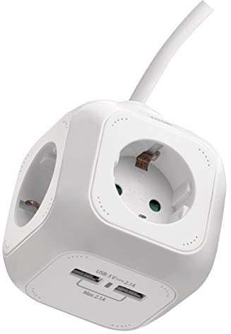 EMOS P04219GU cubo con 4 Prese e 2 Porte USB Schuko, Cavo da 1,9 m, Supporto da Parete, Protezione per Bambini, Bianco