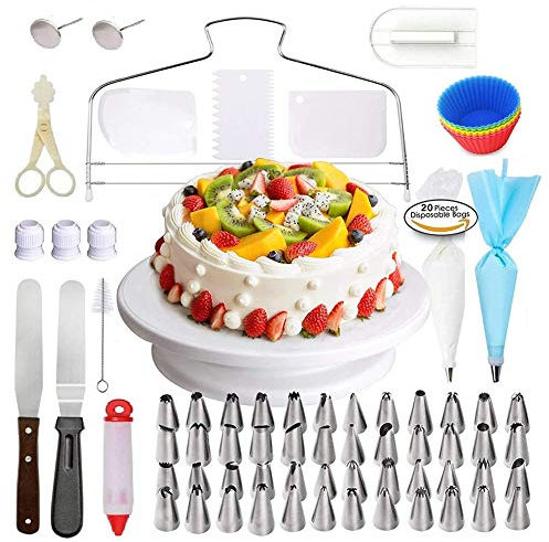 LTLCLZ 94 Pcs Torten Backzubehör, Profi Tortenplatte Drehbar Mit 48 Teiliges Spritztüllen Set, Winkelpalette, Tortenschaber, Spritzbeutel, Kuchenschneider, Dekorierstift Usw Für Dekorieren Torten