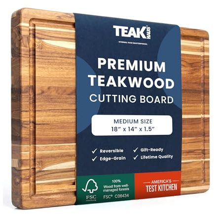 Teakhaus Cutting Board - Medium (M) Wood Cutting Board with Juice Groove (18”L x 14”W) Holiday Gift Ideas for Men and Women - Gift-Ready, Thin, Lightweight, Reversible, Knife Friendly - FSC Certified