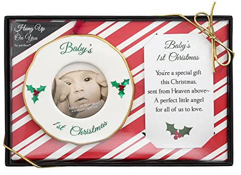 Pavilion Gift Company Christmas Ornament - 4” Gold and White Round Holiday Keepsake Gift with 2.36” Photo Frame Insert for Picture - Baby's 1st Ready Packaged Set.