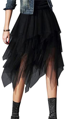 Minetom Femme Élégante Jupe en Tulle Fille Irrégulière Plissée Tutu Haute Taille Élastique Danse Fête Soirée Midi Jupe B Noir XL