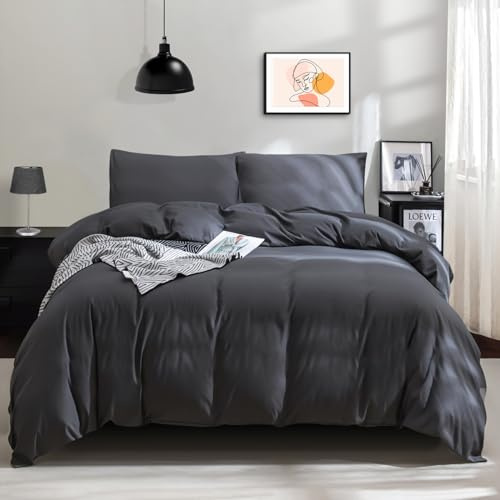 ohano Bettwäsche 200x200 3 Teilig Bettbezug Bettwäsche-Sets,Mikrofaser Bettbezug 200x200 cm + 2 Kissenbezug 80x80 cm mit Reißverschlus,kuschelig weich,Ganzjahres Bettwäsche-Sets-Anthrazit
