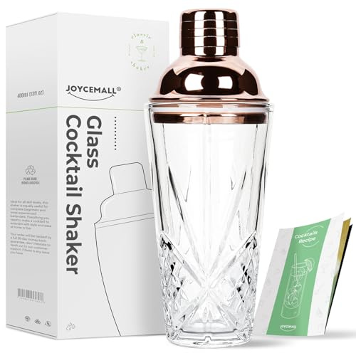 Glass Cocktail Shaker, JOYCEMALL 14.5 Ounce Cut Crystal Shaker Tumbler Bartender Shaker with Stainless Sealing Steel Cap & Strainer, for Home Use & Bar Whisky Cocktail - Rosegold