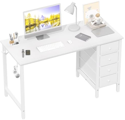 Lufeiya Escritorio Blanco pequeño con cajones de Tela, 120cm para niños, niñas, Adolescentes, Bonito Escritorio de Estudio para Dormitorio, Trabajo