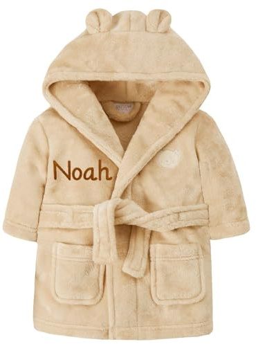 Gembroidery Personalised Baby Bathrobe Hooded Fleece Dressing Gown Super Soft Gifts Robe For Boys Girls Cute Teddy Ears (18-24 Beige)