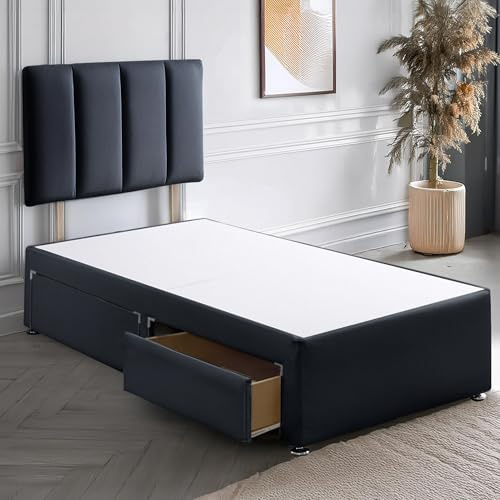 ComfoRest 4 Panel 3FT Single Divan Bed with Drawers (x2) – Black base and 24 inch headboard – sturdy base for all mattress types, easy assembly, UK made