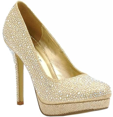 BloomFashion Womens HIGH Heel Sparkly Diamante Party Pumps - Ladies Round Toe Platform Court Shoes Wedding Bridal Glitter Heeled Pump Evening Courts (UK 6, Gold)