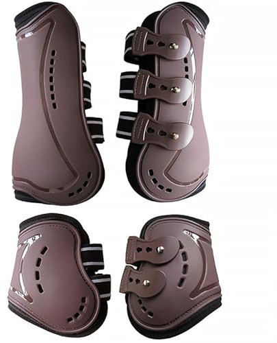 Merauno® Gamaschen & Streichkappen, 4er Set Gamaschen Pferdesehne Bandage mit Robust Elastisch, PU Shell, Neopren atmungsaktiven Löchern für Springen, Reiten, Events (L, Braun)