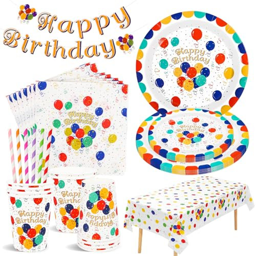 10 Gäste Happy Birthday Partygeschirr, 62 Stück Geburtstag Party Geschirr Set - Banner, Pappteller, Becher, Servietten, Tischdecke, Partygeschirr Set für Mädchen Jungen Kindergeburtstag